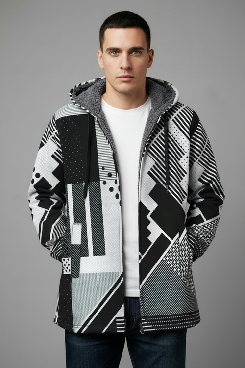 Model wearing black and white geometric hoodie - updated