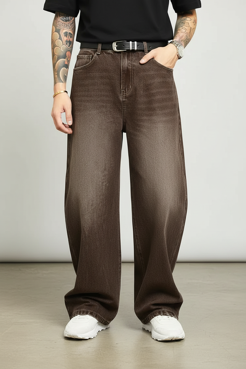 Model wearing brown pants - front view