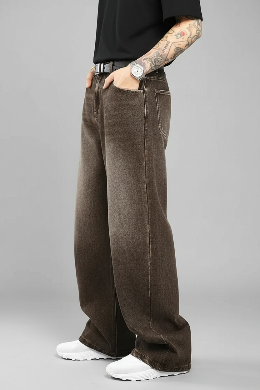 Model wearing brown pants - side view