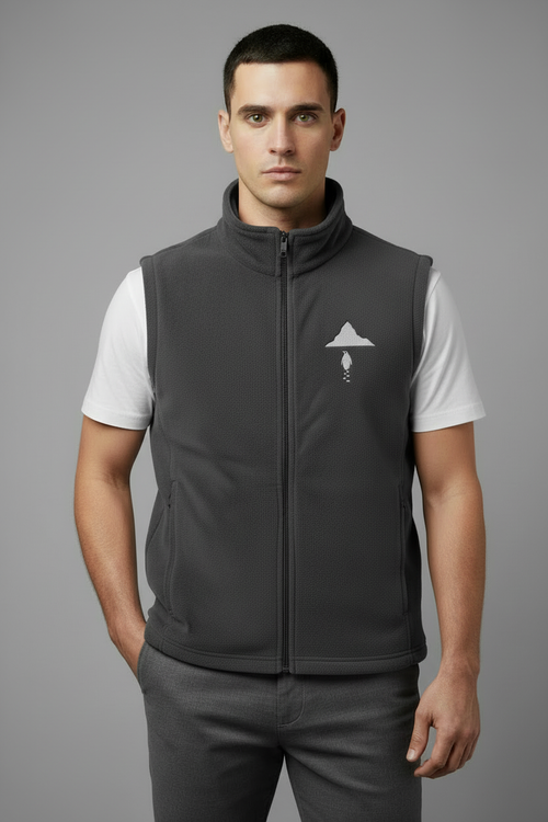 Model with charcoal vest