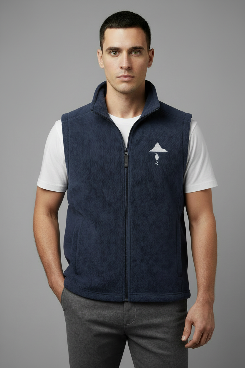 Model with navy vest