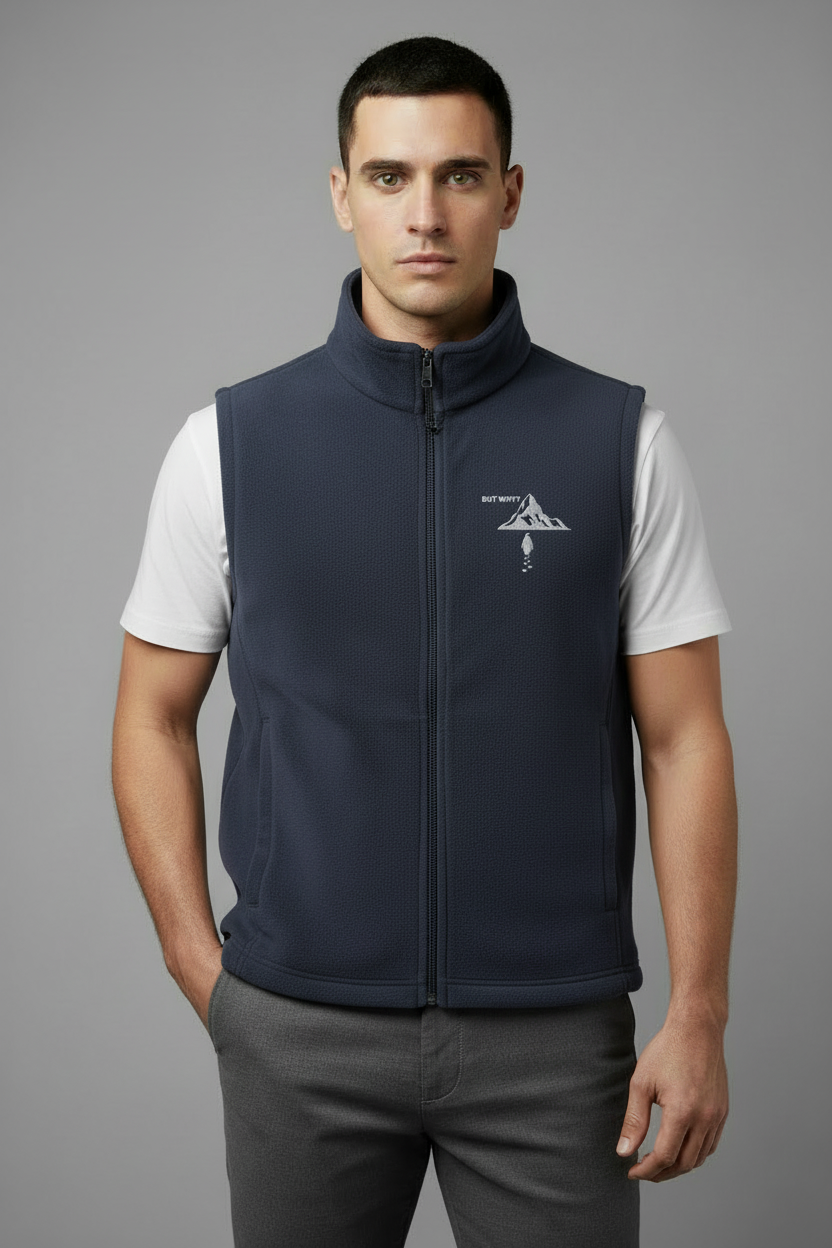 Model with navy vest