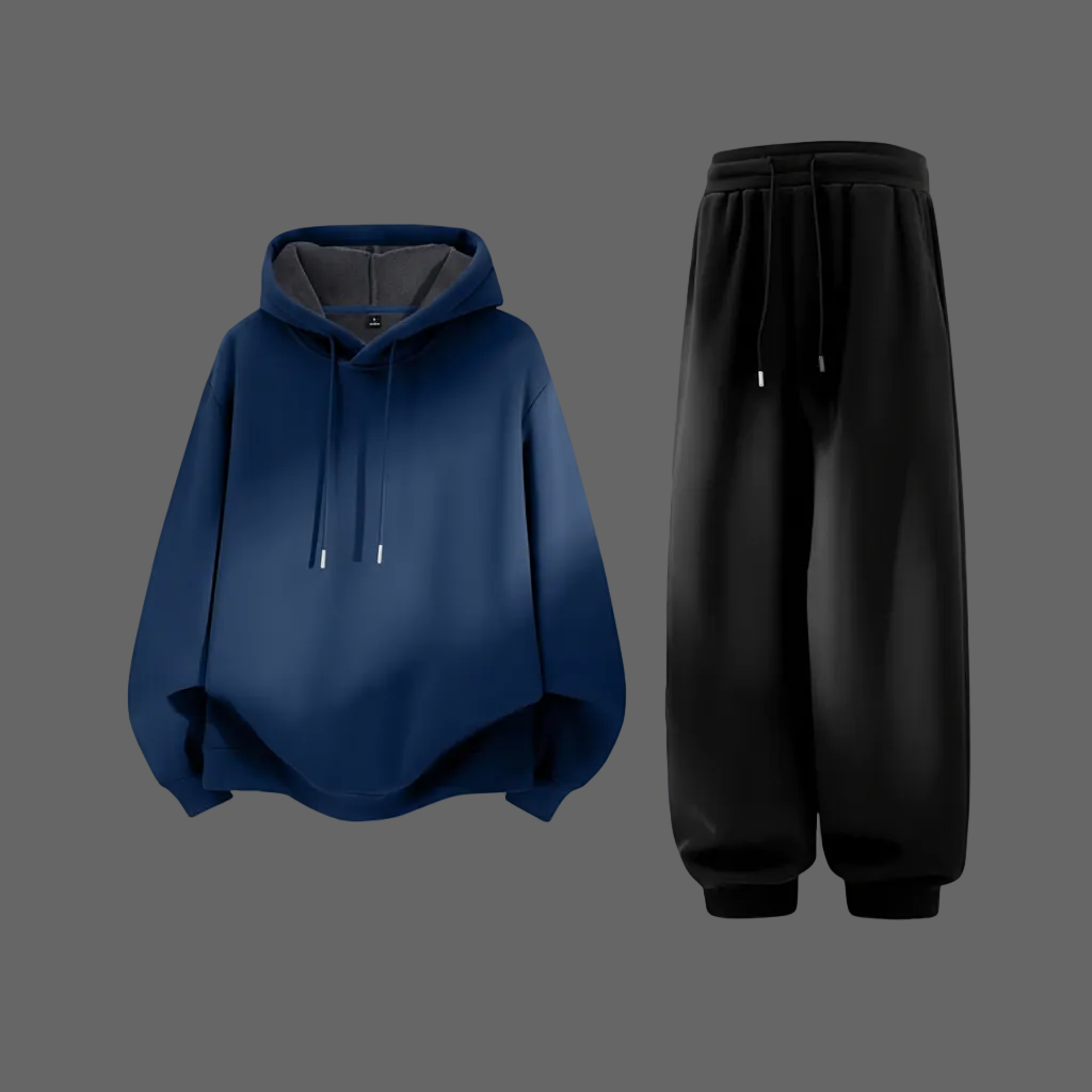 Navy blue hoodie and black joggers - flat lay