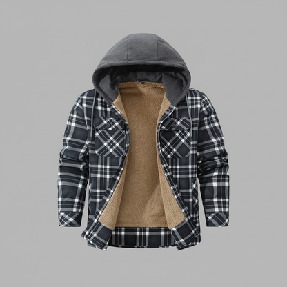 Navy blue plaid hooded shirt jacket - flat lay