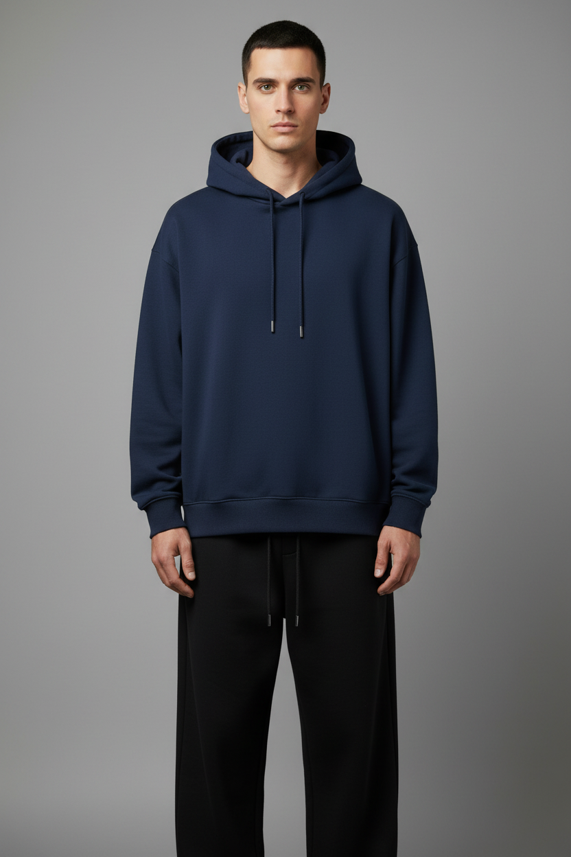 Navy blue pocketless hoodie and black joggers set