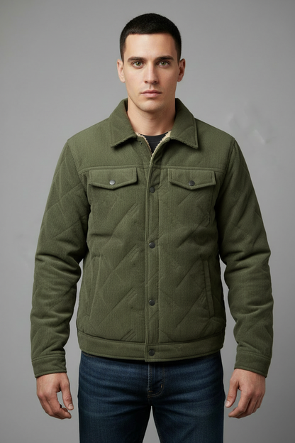 Olive green corduroy jacket with beige lining