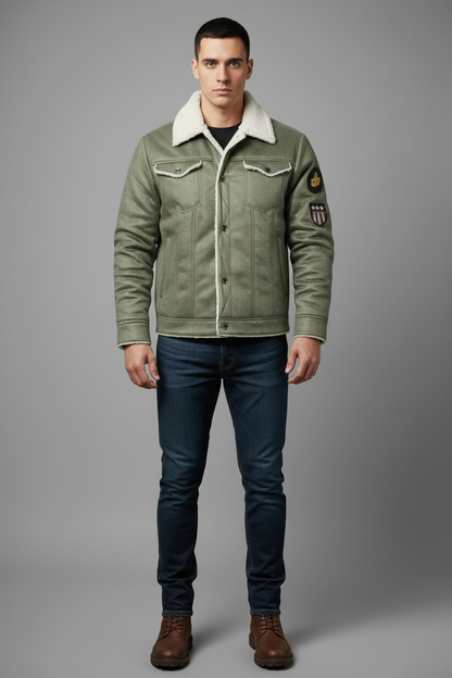 Olive green leather jacket with white sherpa