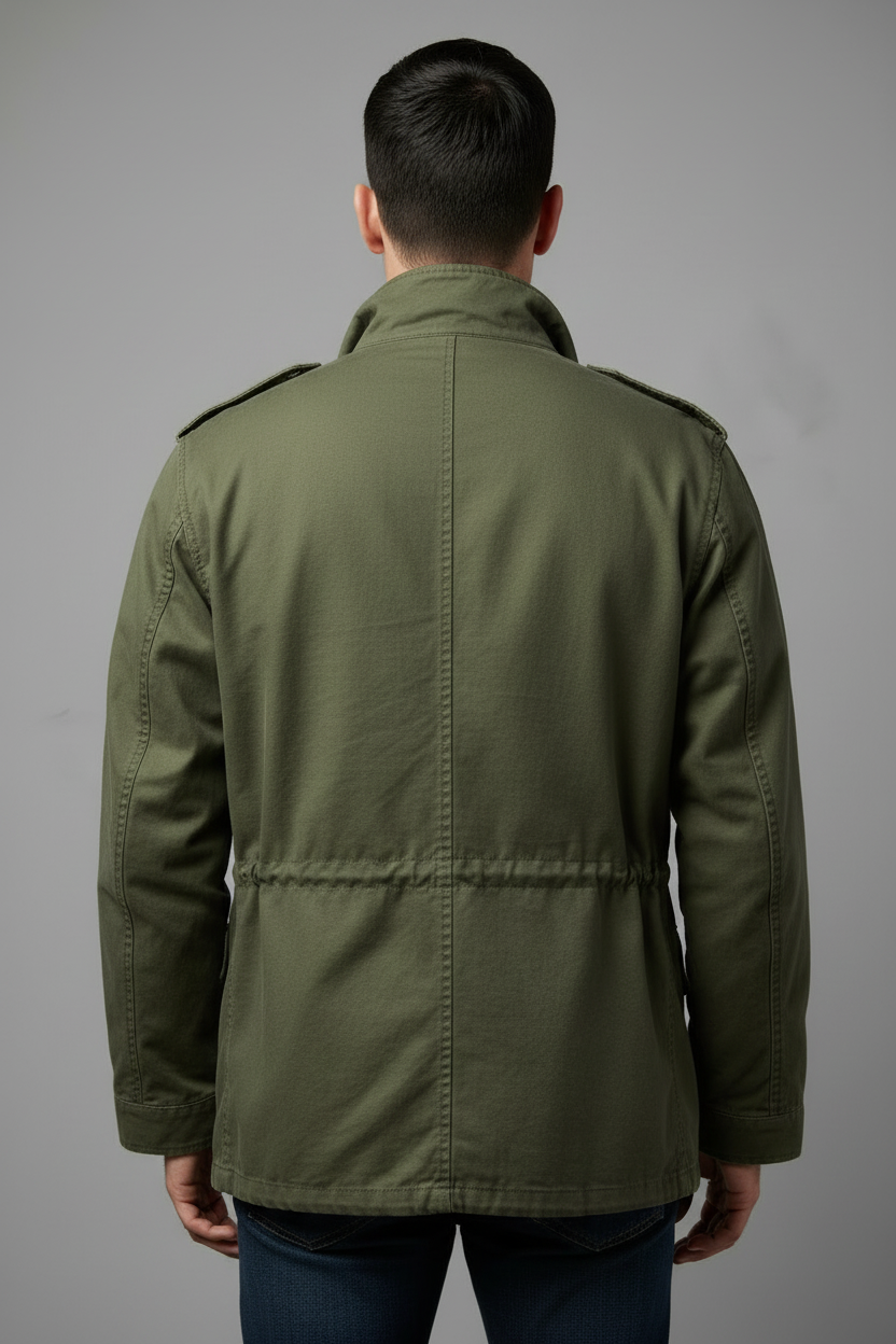 Olive green military field jacket - back view