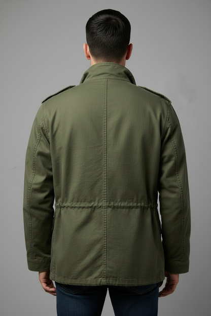 Olive green military field jacket - back view