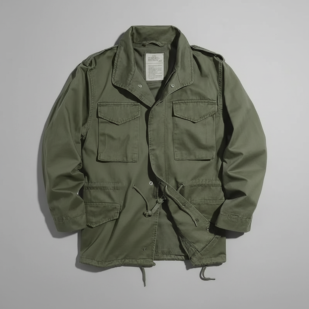 Olive green military field jacket - flat lay