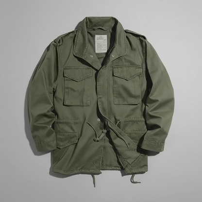 Olive green military field jacket - flat lay