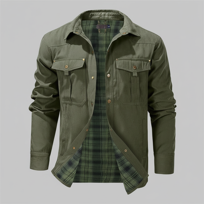 Olive green shirt jacket - flat lay corrected