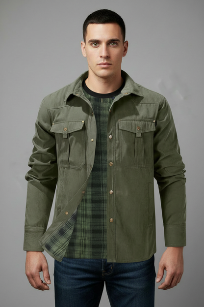 Olive green shirt jacket - model wearing