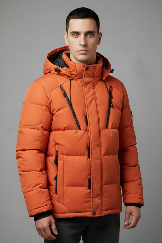 Orange puffer jacket with model