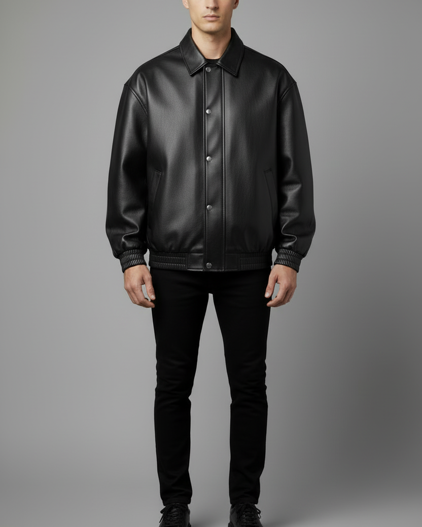 Oversized Vegan Black Leather Bomber Jacket