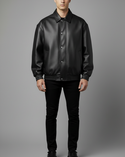 Oversized Vegan Black Leather Bomber Jacket