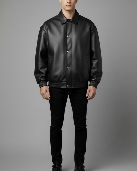 Oversized Vegan Black Leather Bomber Jacket