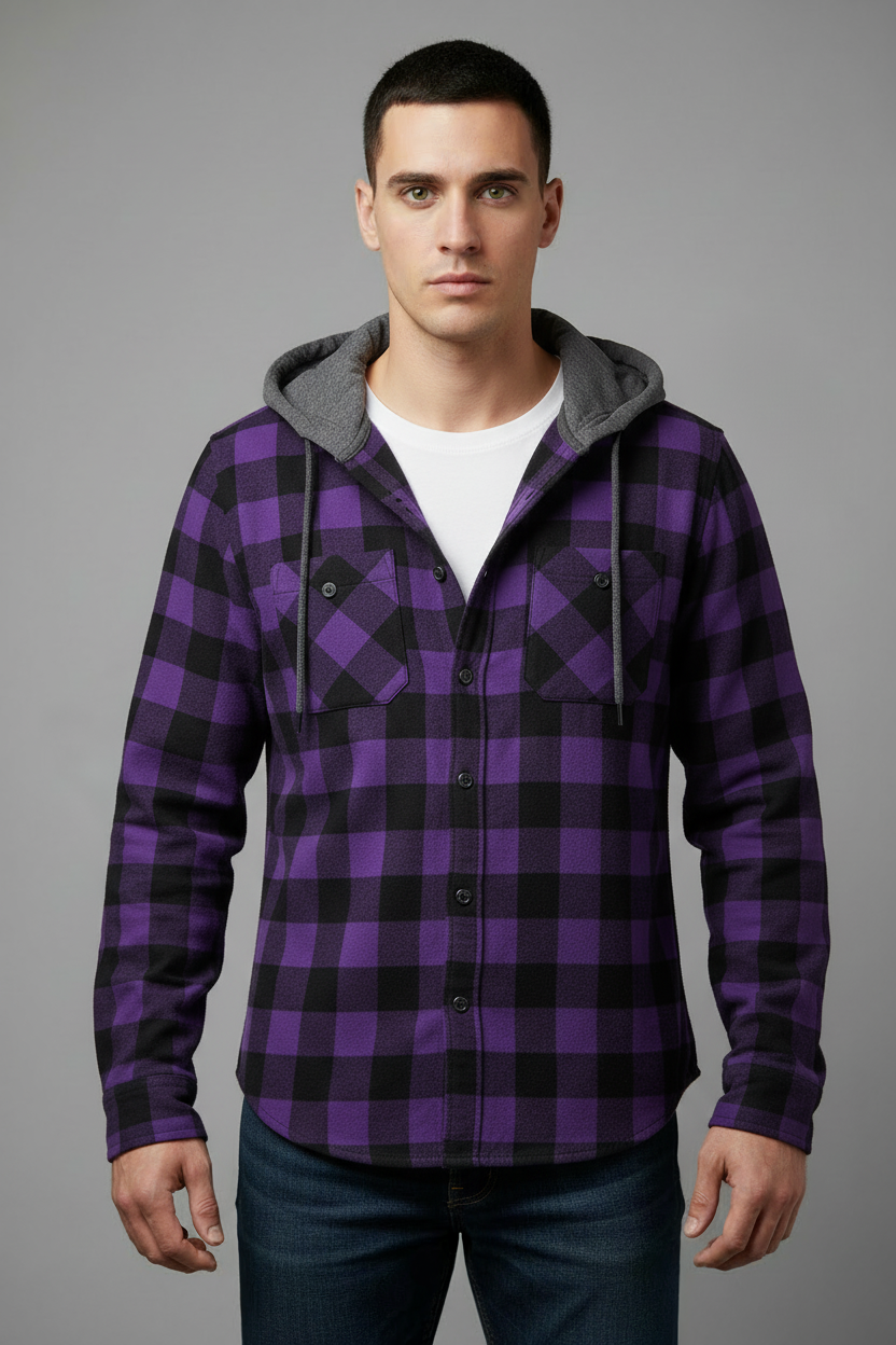 Purple and black plaid hooded flannel shirt