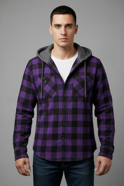 Purple and black plaid hooded flannel shirt