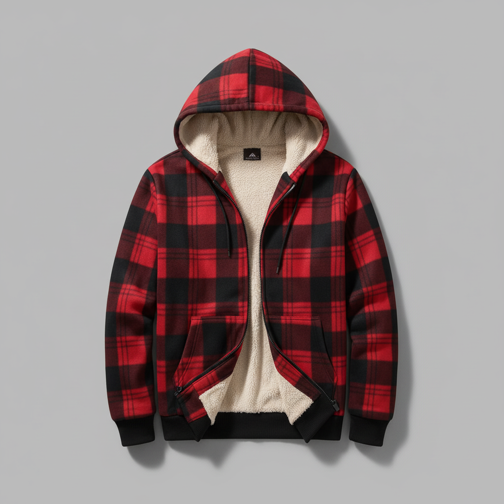 Red and black plaid sherpa-lined hoodie - flat lay