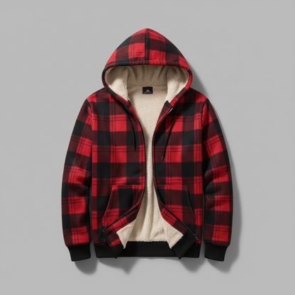 Red and black plaid sherpa-lined hoodie - flat lay
