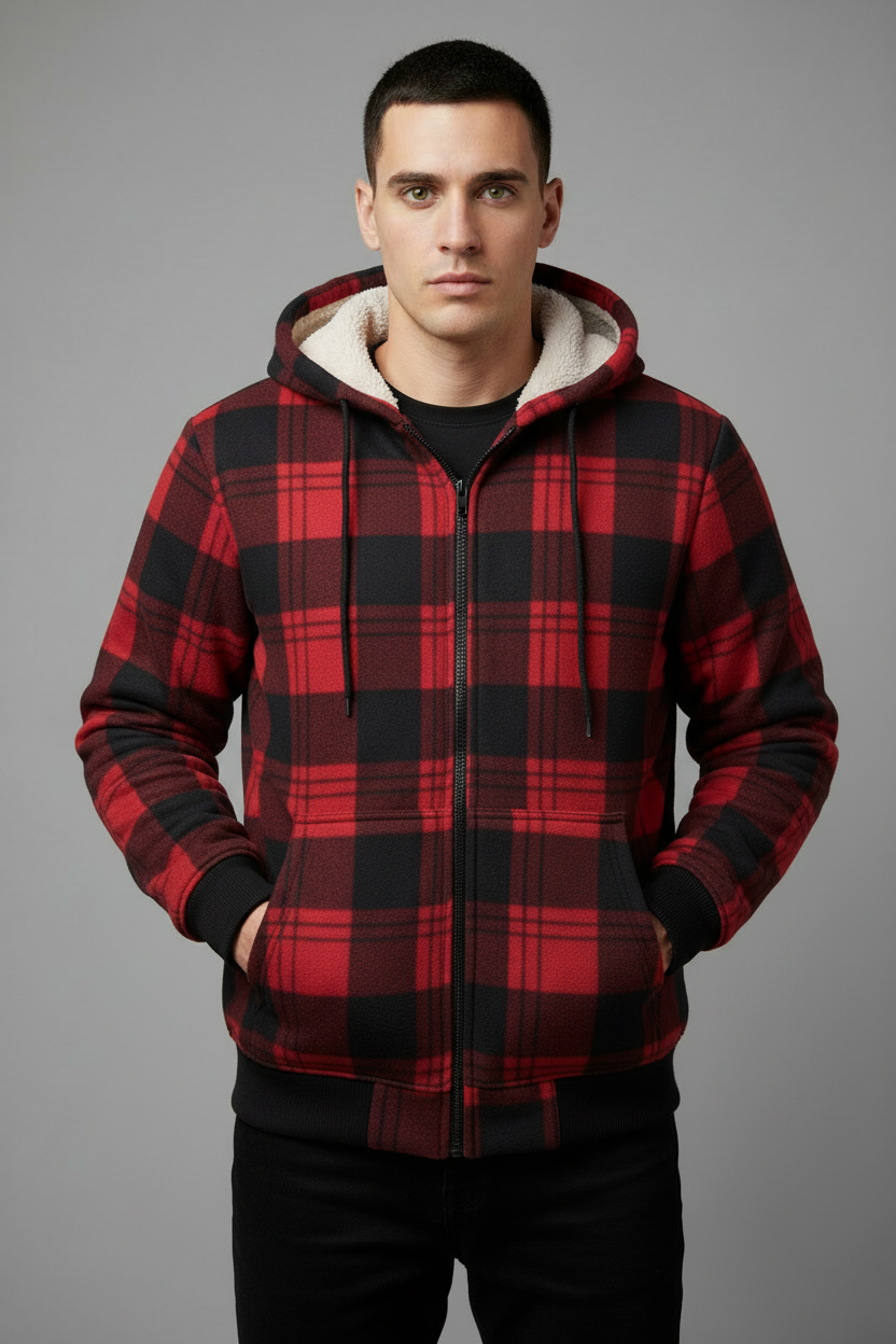 Red and black plaid sherpa-lined hoodie - perfect fit