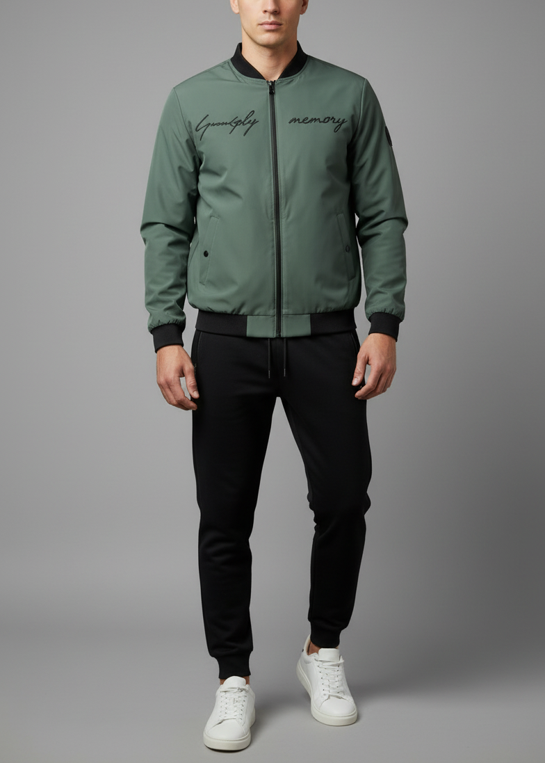 Sage green bomber tracksuit - your clean-shaven model corrected