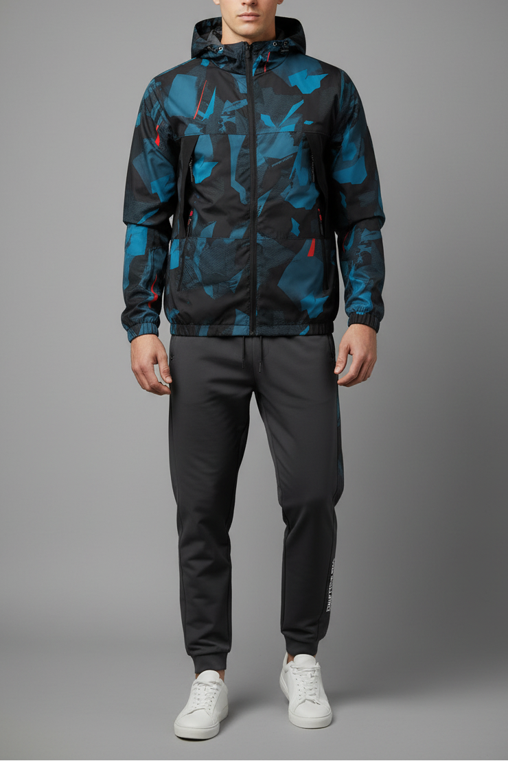 Teal/black camouflage windbreaker tracksuit