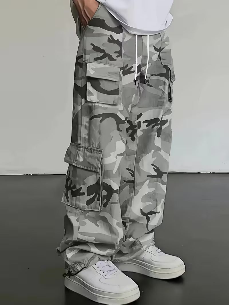 Men's Camo Cargo Pants Loose Fit, Drawstring Waist, Multiple Pockets