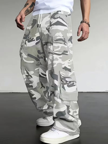 Men's Camo Cargo Pants Loose Fit, Drawstring Waist, Multiple Pockets