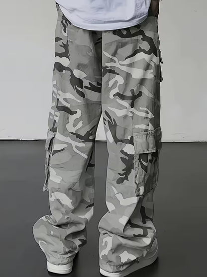 Men's Camo Cargo Pants Loose Fit, Drawstring Waist, Multiple Pockets