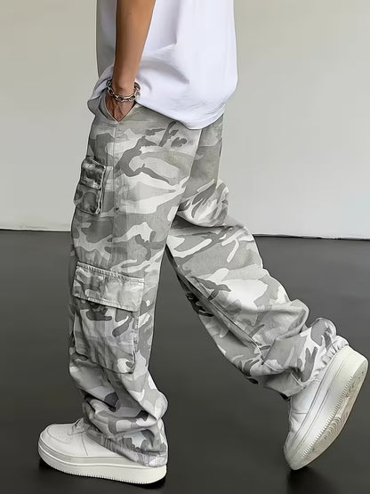 Men's Camo Cargo Pants Loose Fit, Drawstring Waist, Multiple Pockets