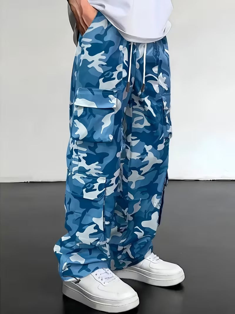 Men's Camo Cargo Pants Loose Fit, Drawstring Waist, Multiple Pockets