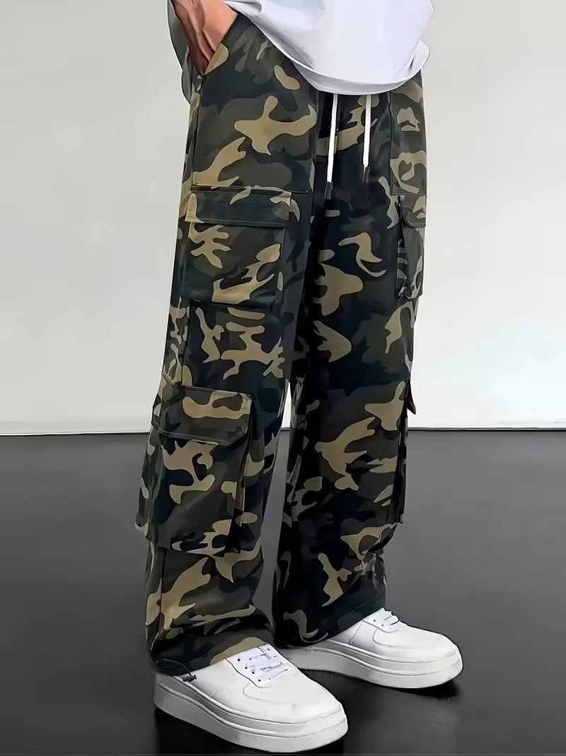 Men's Camo Cargo Pants Loose Fit, Drawstring Waist, Multiple Pockets