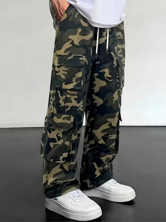Men's Camo Cargo Pants Loose Fit, Drawstring Waist, Multiple Pockets