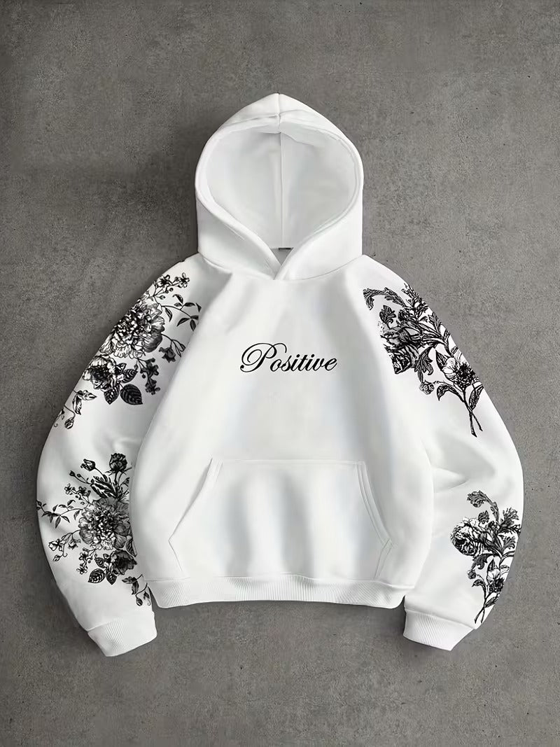 Floral Print Hooded Sweatshirt in White with "Positive" Lettering