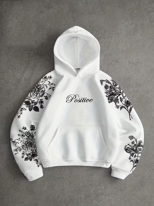 Floral Print Hooded Sweatshirt in White with "Positive" Lettering