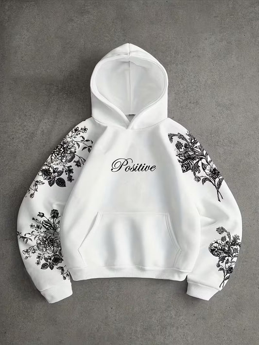 Floral Print Hooded Sweatshirt in White with "Positive" Lettering