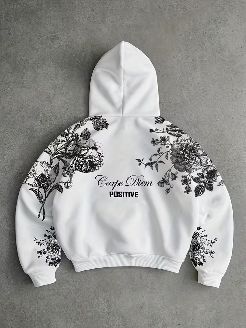 Floral Print Hooded Sweatshirt in White with "Positive" Lettering