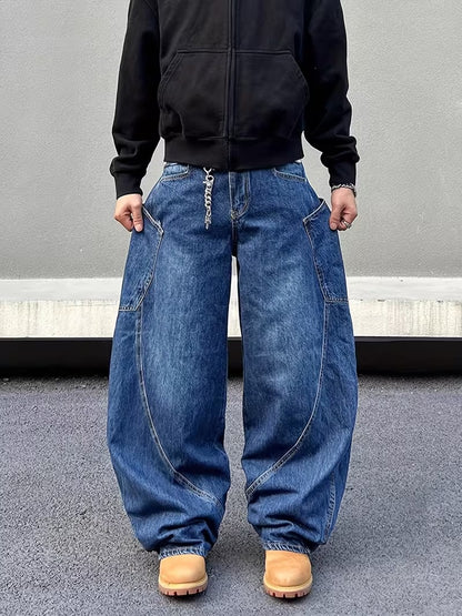 Loose Wide-Leg Jeans with a Curved Blade Design, Featuring Letter Embroidery And Large Pockets