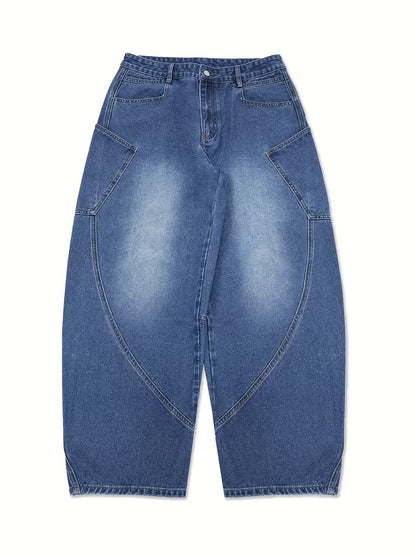 Loose Wide-Leg Jeans with a Curved Blade Design, Featuring Letter Embroidery And Large Pockets