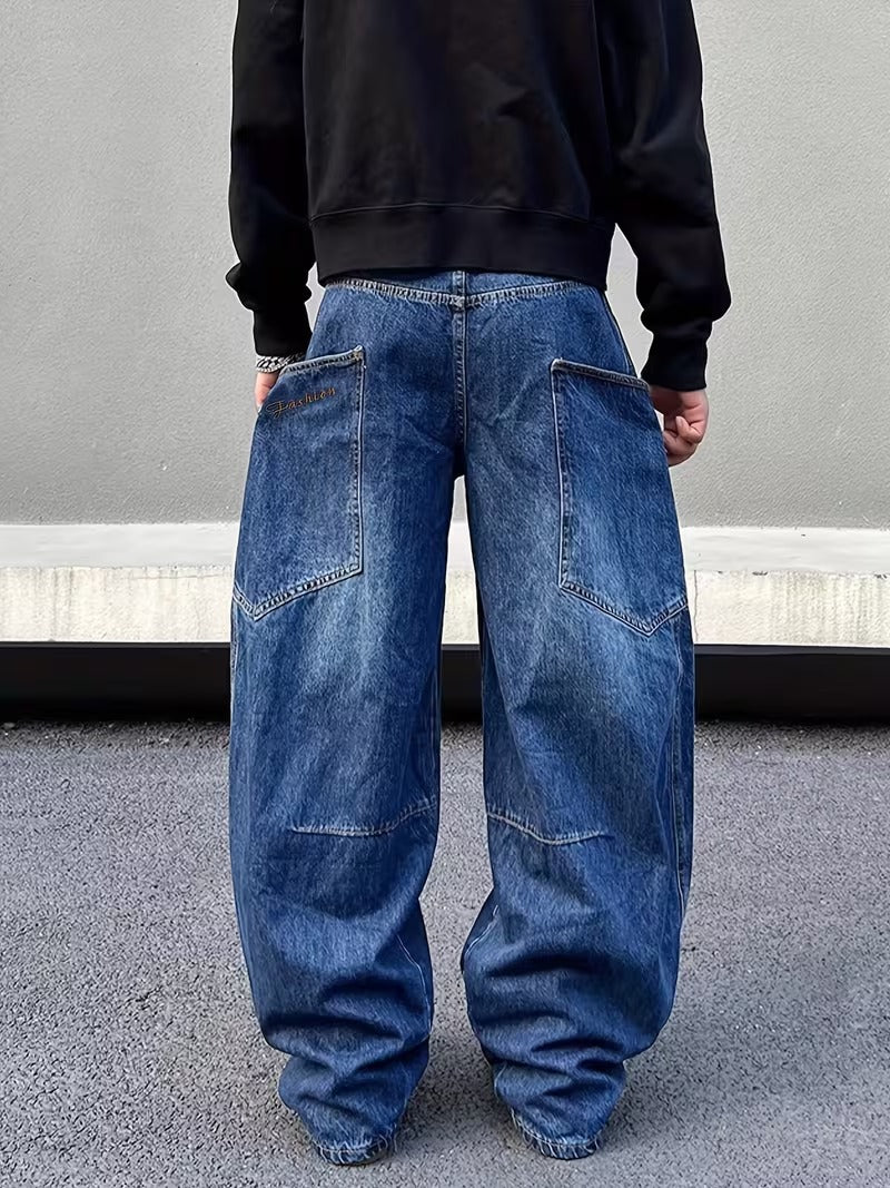 Loose Wide-Leg Jeans with a Curved Blade Design, Featuring Letter Embroidery And Large Pockets