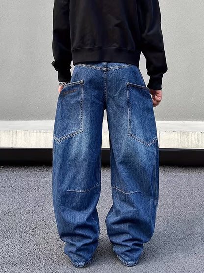 Loose Wide-Leg Jeans with a Curved Blade Design, Featuring Letter Embroidery And Large Pockets