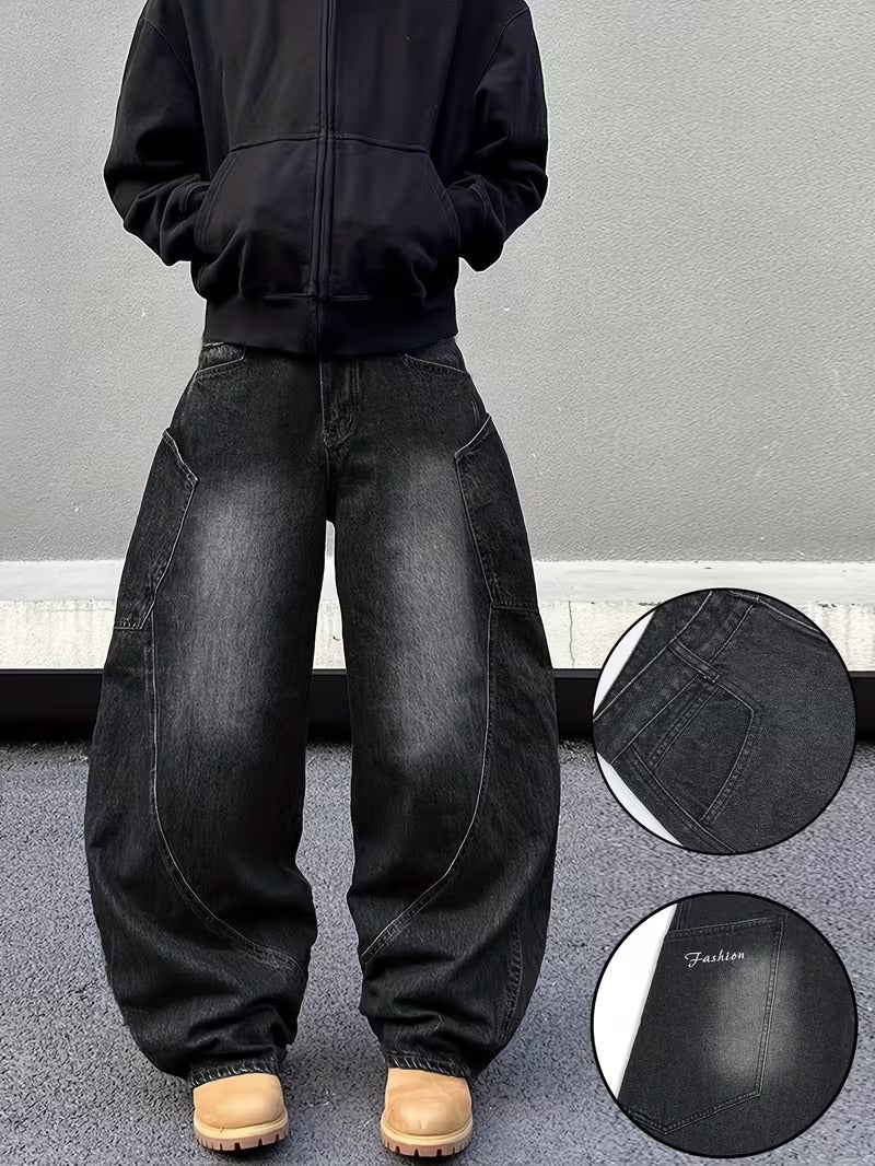 Loose Wide-Leg Jeans with a Curved Blade Design, Featuring Letter Embroidery And Large Pockets