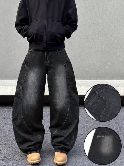 Loose Wide-Leg Jeans with a Curved Blade Design, Featuring Letter Embroidery And Large Pockets