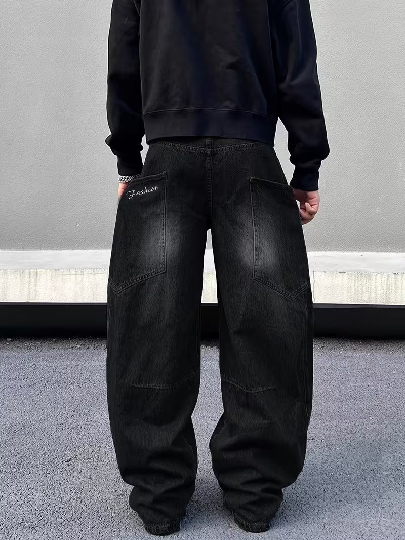 Loose Wide-Leg Jeans with a Curved Blade Design, Featuring Letter Embroidery And Large Pockets