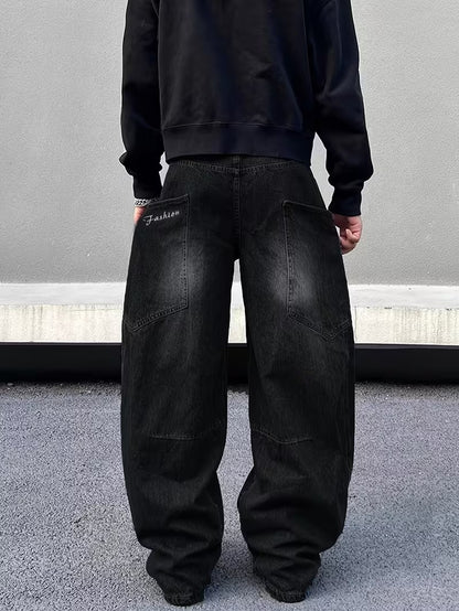 Loose Wide-Leg Jeans with a Curved Blade Design, Featuring Letter Embroidery And Large Pockets