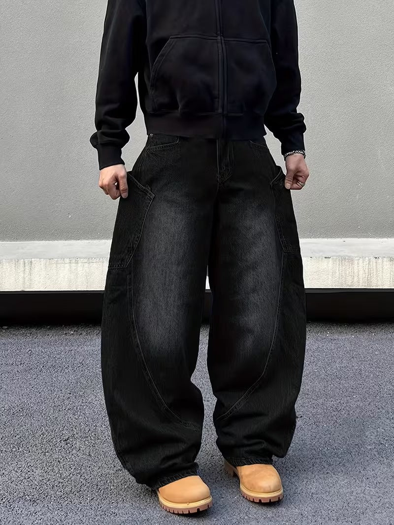 Loose Wide-Leg Jeans with a Curved Blade Design, Featuring Letter Embroidery And Large Pockets