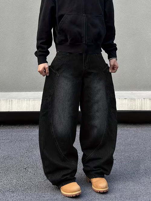 Loose Wide-Leg Jeans with a Curved Blade Design, Featuring Letter Embroidery And Large Pockets