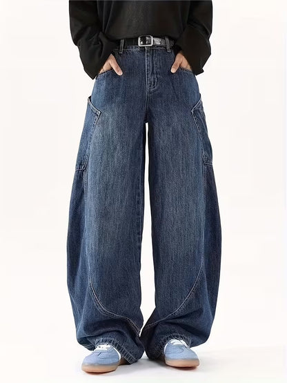 Men's Heavy-Duty Vintage Washed Jeans - Non-Stretch Straight-Leg Relaxed Fit Pants